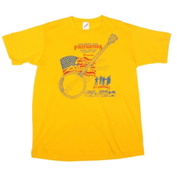 Vintage 1989 Firefighters Blue Grass Festival Yellow Men's T-Shirt Tee sz L - Picture 2 of 4